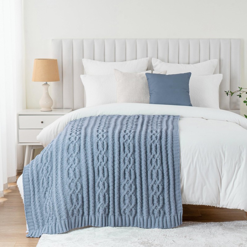 Battilo Bluish Grey Throw Blanket for Couch, Woven Chenille Blue