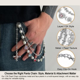 Gold Cross Pants Chain for Men & Women – Punk Layered Pearl & Rhinestone Waist Chain with Colorful Crystals, Floral Beads, Y2K Hip Hop Jeans Accessory Gift