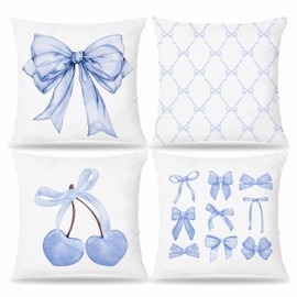 Pleonox Blue Coquette Bow Pillow Covers 18x18, Coquette Room Decor,Bow Room Decor，Girly Bedroom Decor, Coquette Stuff, Set of 4