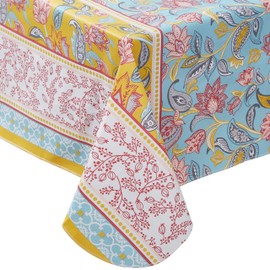 Home Bargains Plus Spring Belle Paisley Rectangle Vinyl Tablecloth with Flannel Backing, 60 x 120 Inch, Blue Country French Floral Vinyl Table Cover, Heavy Weight for Dining Party and Barbecues