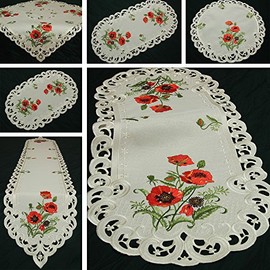 Quinnyshop Red Poppy Embroidery Tablecloth 85 x 85 cm Square Polyester Cream
