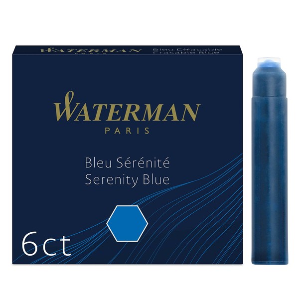 Waterman Fountain Pen Ink Cartridges, Short 'International', Serenity Blue, 6 Count