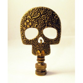 Lamp Finial-Aged Brass D.O.D. Skull on Aged Brass Base