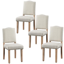 Yaheetech Dining Chairs Set of 4 Dining Room Chair Fabric Parsons Chairs with Nailhead Trim and Solid Wood Legs for Home, Kitchen, Dining Room, Beige