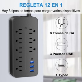 BOPARTE USB Multicontacto, Regleta de 1,8 m, 8 salidas, 3 puertos de carga USB, (5 V / 2 A), 1 puerto Type-C, Conector múltiple, Enchufe de pared con toma de corriente, Regleta para el hogar, oficina, dormitorio, Negro