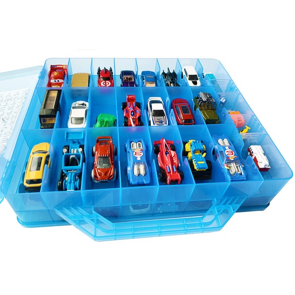 HOME4 Double Sided BPA Free Toy Storage Container - Compatible with Mini Toys, Small Dolls Hot Wheels Tools Crafts - Toy Organizer Carrying Case - 48 Compartments (Blue)