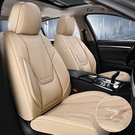 Coverado Car Seat Covers Front Seats, 2 Piece Car Seat Protector with Lumbar Support & Removable Headrest, Breathable Leather Seat Cushion Universal Fit for Truck Automotive Vehicles Beige