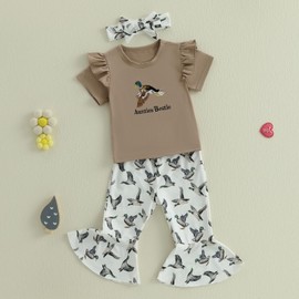 Ledy Champwiin Toddler Girl Floral Bell-bottom Outfits Tops and Flared Pants Baby Girl Clothes Set (#29 Coffee aunties bestie, 6-12 Months)