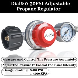 12FT 0-30PSI High Pressure Adjustable Propane Regulator with 0-60PSI Gauge Gas Flow Indicator, Stainless Steel Braided Hose and Gas Grill Regulator, QCC1x3/8 Female Flare Fitting for Gas Tank Cooker