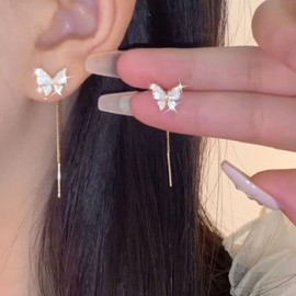 TseenYi Cz Butterfly Stud Earrings Gold Butterfly Chain Threader Earrings Sparkling Rhinestone String Threader Earrings Long Pull Threader Earrings Jewelry for Women and Girls Gifts