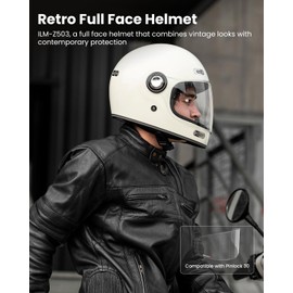 ILM Full Face Motorcycle Helmet Retro for Adult with Visor Vintage Helmets for Cruisers Scooters Mopeds Pinlock Compatible DOT Model Z503(White, X-Large)