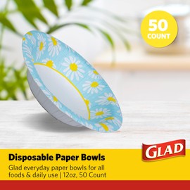 Glad Round Disposable Paper Bowls, Lovely Daisies Design - Heavy Duty, Soak Proof, Cut-Resistant, Microwavable Bowl for All Foods & Daily Use, 12 Oz, 50 Count