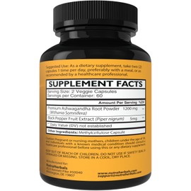 NUTRAHERBALS Ashwagandha Supplement Made with Premium Ashwaganda Root Powder 1200mg with Black Pepper Extract for Increased Absorption - 120 Vegi Capsules