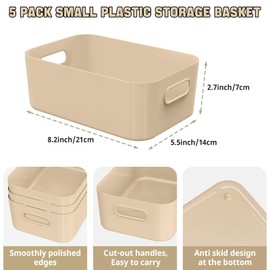 W&H 5 PCS Beige Plastic Storage Boxes, Small Open Storage Boxes with Handle, Home & Kitchen Organiser, Plastic Cupboard Baskets for Shelves, Bathroom, Toy, Bedroom - 21×14×7cm