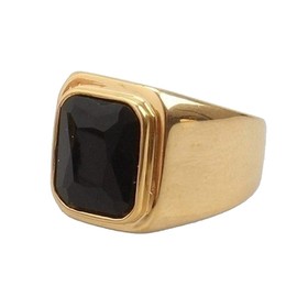 PMTIER Men's Stainless Steel Gold Plated Ring with Square Black Gem Stone Size 10