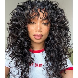 GKtineke GKtineke-Curly-Wig Big-Curly-Wigs-for-White-Black-Women 20 Inch- Long-Curly-Afro-Wig-with-Bangs Synthetic-Hair-Replacement-Wigs-for- Cosplay and Daily (Natural Black)