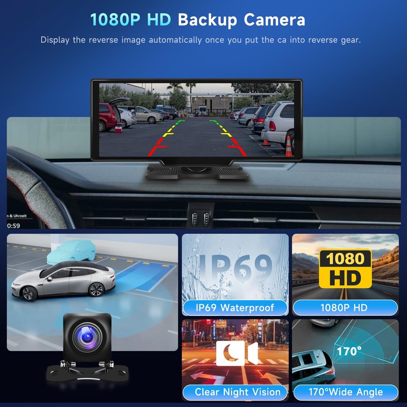 Podofo 10.26" Wireless CarPlay Car Stereo with 1080P Backup Camera,