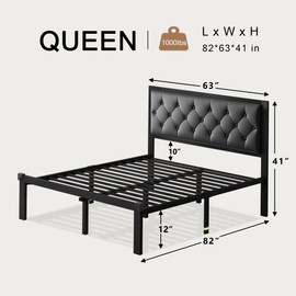 Einhomn Queen Metal Bed Frame, Queen Platform Bed Frame with Button Tufted Faux Leather Headboard, Sturdy Steel Slats, No Box Spring Needed,12" Underbed Storage, Noise Free, Black