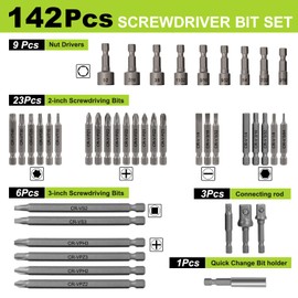 YOUGFIN Screwdriver Bit Set 142 Pieces, Chrome Vanadium Steel Driver Bits, Includes Nut Drivers, Magnetic Bit Holder, Adaptors
