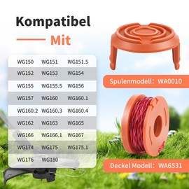 OMECO WA0010 WA0004 WA0004.1 Rasentrimmer Ersatzspulen Kompatibel mit Worx WG163E, WG157, WG160, WG163, WG165 Rasentrimmer, 1.60mm 3.05m(18 Ersatzspulen, 4 Kappe WA65311)