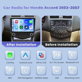 [8-Core 4+64G] Hikity Android 13 Car Stereo for 2003-2007 Honda Accord 7th with Wireless Carplay Android Auto, 10.1 Inch IPS Touch Screen, Bluetooth GPS WiFi 36EQ DSP FM RDS SWC+Mic, AHD Backup Camera