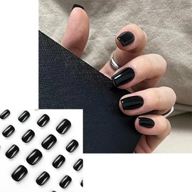 32 PCS Black Short Press On Nails Kit- French Tip Stick On Nails with Glue and Tools, French Fake Nails for Girls Women Nail Art at Home DIY Manicures 9