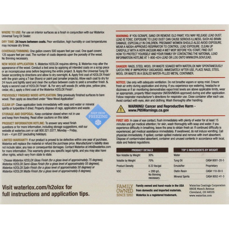 Waterlox H2OLoX Water Based - Gloss Finish - Quart