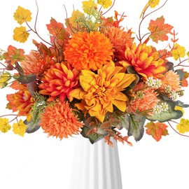 GYWJJ Artificial Fall Flowers Bouquet Fake Dahlia Silk Chrysanthemums Faux Fall Flowers Indoor Autumn Fake Floral Arrangement for Home Kitchen Table Centerpieces Fireplace Wedding Decor (13.67")