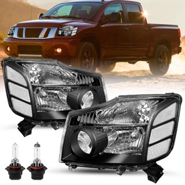 SOCKIR Headlight Assembly Set Replacement for 2004-2015 Nissan Titan / 2005-2007 Armada Halogen Headlamp Driver and Passenger Side Black Housing Clear Reflector Bulbs Included