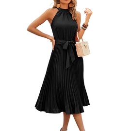 KIRUNDO Women's 2024 Summer Sleeveless Halter Neck Pleated Midi Cocktail Dresses A Line Flowy Beach Sun Dress with Belt(Black, Large)