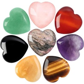 8Pcs Natural Mix Heart Love Stones, Puff Healing Palm Crystal with Velvet Bag for Chakra Reiki Home Decor, Anxiety Relieve Meditation Stone Spiritual Gemstone for Women Mothers Valentines Love Gift