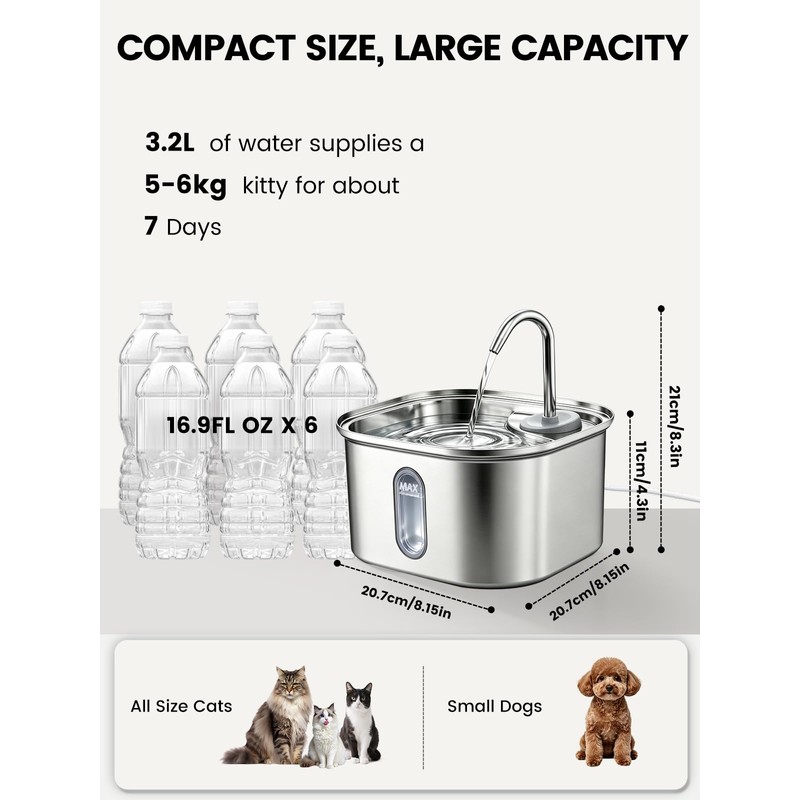 Stainless Steel Cat Water Fountain for Cats Indoor 3.2L 108oz