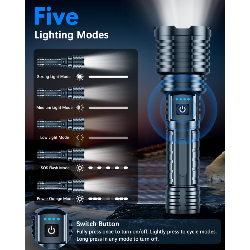 Super Bright Rechargeable LED Flashlights 5000.000High Lumens,Powerful Tactical Flashlight Up
