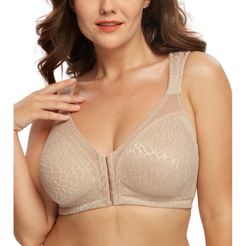 DotVol Women's Full Figure Front Closure Wirefree Jacquard Back Support