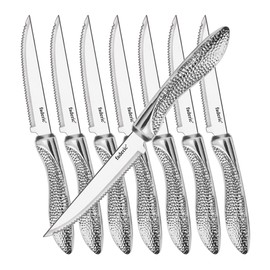faderic Steak Knife Set of 8, Stainless Steel Serrated Sharp Blade Flatware Steak Knives, Hammered Pattern Hollowed Handle,4.5 In, For Kitchen Restaurant Tableware, Dishwasher Safe
