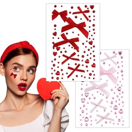 2 Pcs Valentine's Day Face Stickers Bow Love Heart Gems Face DIY Self Adhesive Fake Tattoo Sticker for New Year Birthday Cosplay Party Stage Face Makeup Art Decor Supplies