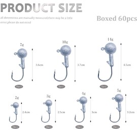 GZLCEU 60 pieces lead head fishing hooks, jig hooks set with round jig head for rubber fish for predatory fish, various sizes 2g, 3g, 4g, 5g, 7g, 10g, 14g
