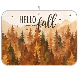 Hello Fall Forest Dish Drying Mat for Kitchen Countertop 16x18 Autumn Pine Tree Small Drying Mat Reusable Quick Dry Dish Sink Mats Easy Clean Decorative Essentials