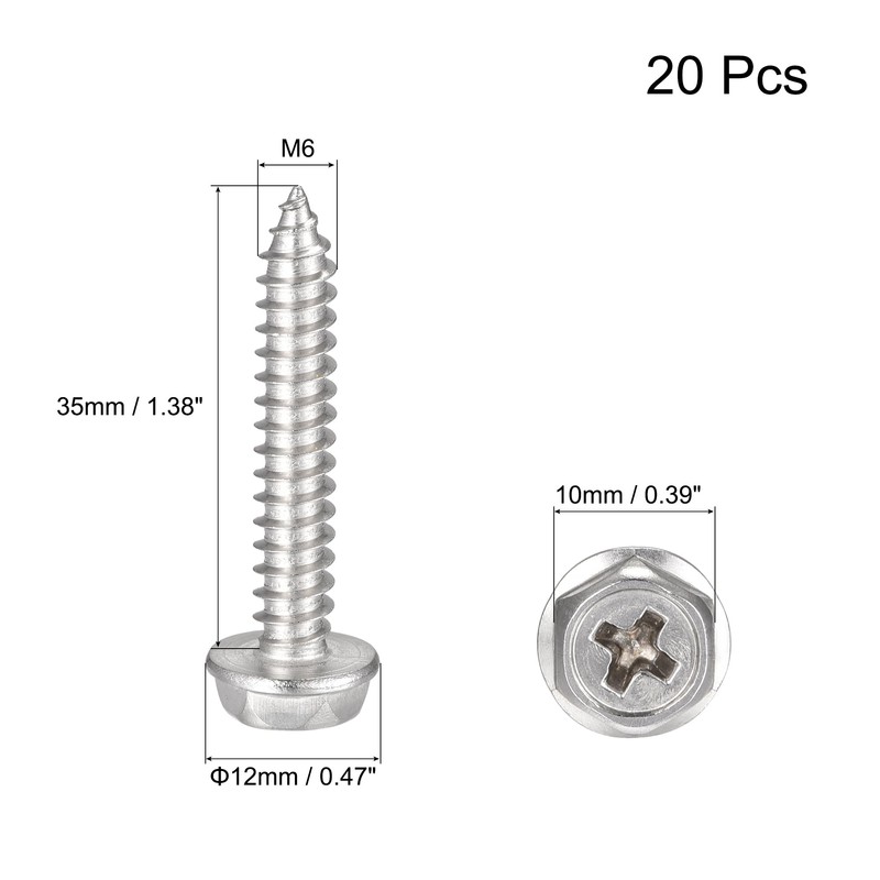 sourcing map Phillips Hex Washer Self Tapping Screws, M6 x