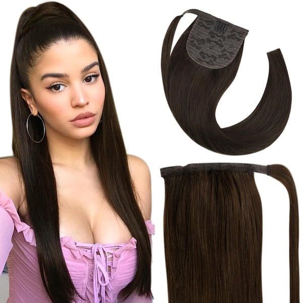 Fshine Remy Clip-In Ponytail, Real Hair, 30 cm, Hair Extensions, Dark Brown, One Piece, 70 g