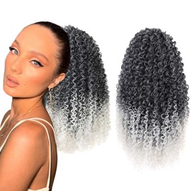 LACE PLUS Drawstring Ponytail Extensions - Kinky Curly 16 Inch Ponytail Extension Curly Drawstring Ponytail For Black Women Dark Brown Ombre Gray Curly Wavy Natural Ponytail Extensions Synthetic