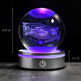 QIANCHANG 3D Solar System Crystal Ball with LED Stand, 80mm Laser Engraved Glass Sphere Decorative Balls Paperweight, Galaxy Model Space Universe Globe Astronomy Gifts