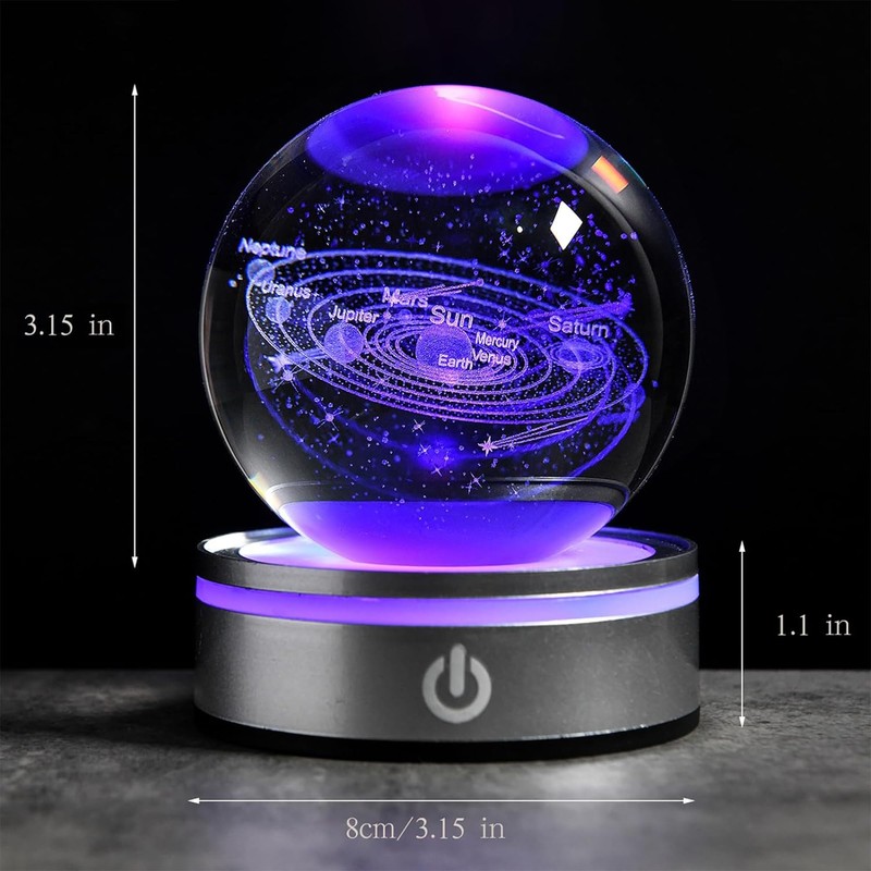 QIANCHANG 3D Solar System Crystal Ball with LED Stand, 80mm
