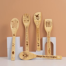5 Pieces Bamboo Bee Spoons Cooking Utensils, Honeycomb Engraved Kitchen Tool Accessories Set, Spatula Christmas Birthday Wedding Favor Gift