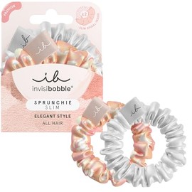 invisibobble Scrunchie Slim Bella Chrome, 2 x Fabric Hair Bobbles Apricot & Silver, Silk Scrunchie with Spiral Hair Elastic, Maximum Hold for All Hair Types, Pack of 2