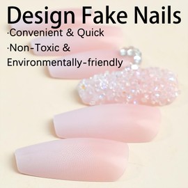 Jremg Pink Press On Nails - Long Square Coffin Fake Nails, Pink White Ombre, Full Cover Acrylic, Glossy Gradient False Nails with Design Rhinestone, Stick On Nails for Women Girls Manicure, 24Pcs