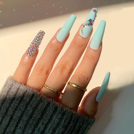 Long Press on Nails with Rhinestones Ballerina Coffin Fake Nails Cute Glossy False Nails Full Cover Blue Long Acrylic Nails with Design for Women Girls 24Pcs