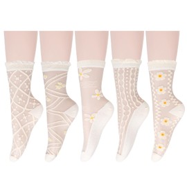 Benefeet Sox Womens White Lace Sheer Socks Thin Nylon Crystal Glass Socks Girls Cute Floral Patterned Mesh Socks Fancy Clear Sheer Ankle Socks Novelty Transparent See Through Crew Socks 5 Pack