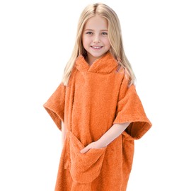 MissShorthair Kids Beach Poncho Towel with Hood, Swim Surf Changing Robe, Boys Girls Hooded Bath Towel 11-14 Years Orange