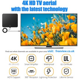4K HD TV Aerial - Amplified Digital HDTV Aerial with Signal Booster for Local Channels - 360° Long Reception Indoor Aerial Support All Types TV